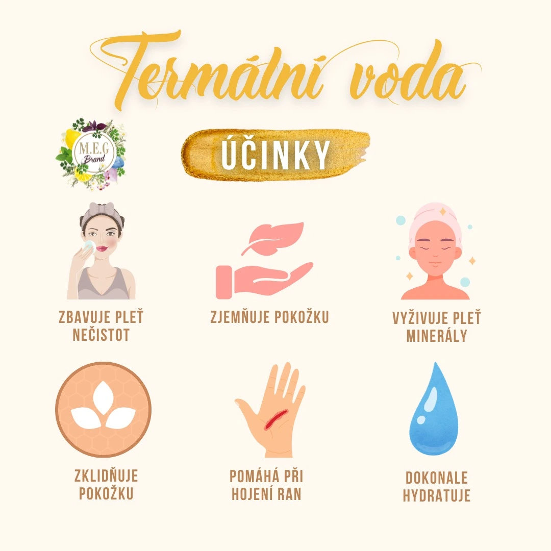 M.E.G Termální voda zbavuje pleť nečistot, hydratuje ji, vyživuje pleť minerály, pomáhá při hojení ran.